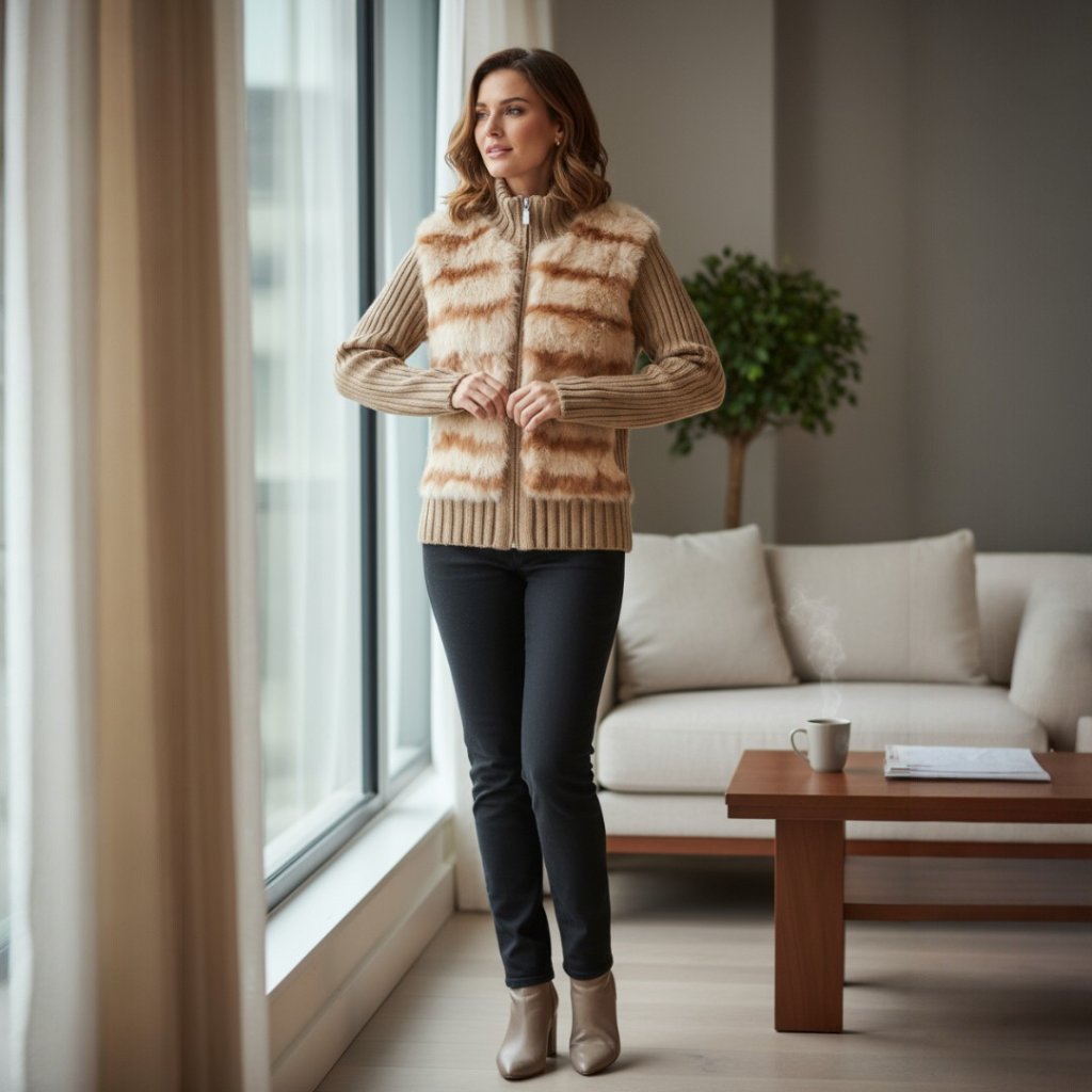 Beige Tan Rabbit Fur Zipper Front Long Sleeve Merino Wool Designer Jacket L/Xl